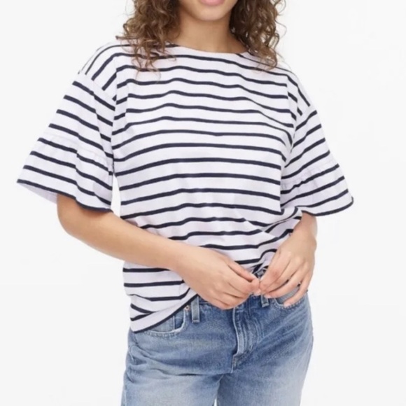 J Crew Womens Stripe T Shirt Small Purple  Mariner Cloth Ruffle Sleeve NWT - Picture 1 of 7